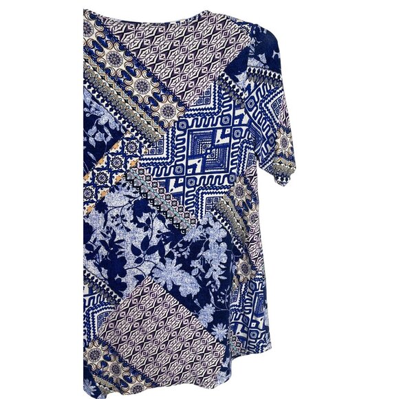 Chicos Blue Patchwork Print Blouse Medium Short Sleeve Boho Floral Top - Picture 12 of 12